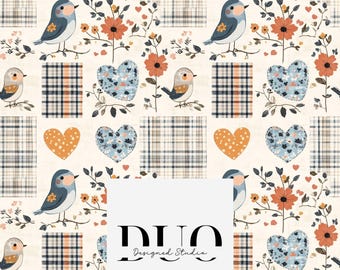 Modèle sans couture de courtepointe Shabby Chic oiseaux, fond patchwork sans couture Vichy, téléchargement papier numérique tissu Shabby Chic, usage commercial