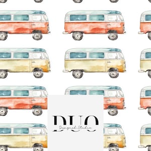 May include: A seamless pattern featuring watercolor illustrations of vintage vans in shades of blue, yellow, and orange. The vans are arranged in a repeating pattern on a white background.