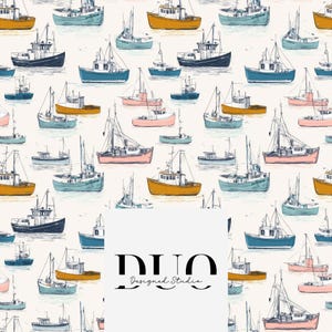 May include: A repeating pattern of colorful fishing boats in shades of blue, pink, and yellow on a cream background. The boats vary in size and design, creating a nautical theme. The image includes the text "DUO Designed Studio".