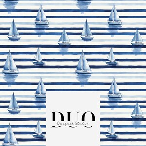 May include: A nautical pattern with blue sailboats set against a backdrop of blue and white stripes. The sailboats are uniformly distributed. The text "DUO Designed Studio" is displayed in the lower center of the image.