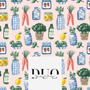 May include: A repeating pattern of illustrated vegetables and preserves on a pink background. Carrots, broccoli, lemons, and jars of fruit and vegetables are depicted. The text "DUO Designed Studio" is in a white rectangle.