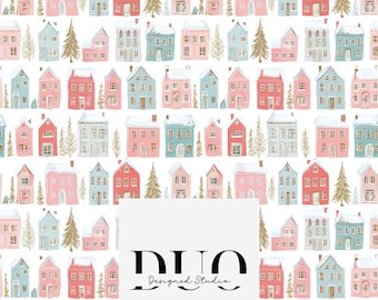 May include: A repeating pattern of pastel-colored houses and gold-colored trees on a white background. The houses are in shades of pink, blue, and red. The text "DUO Designed Studio" is in the lower center of the image.