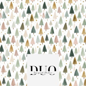 May include: A repeating pattern of watercolor Christmas trees in various colors, including green, pink, and gold, on a white background. Gold stars are scattered throughout the design. The logo "DUO Designed Studio" is at the bottom.