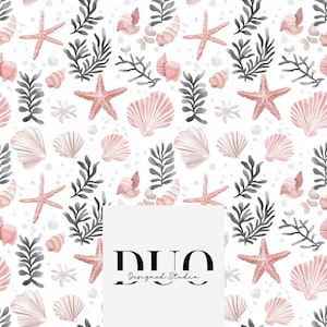 Pink Seashells Beach Seamless Pattern, Shells Repeat Tile Surface Pattern, Starfish Fabric Design, Digital Paper Download, Commercial Use