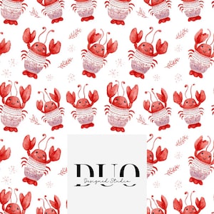 May include: A repeating pattern of red lobsters wearing white and pink sweaters on a white background. The lobsters have smiling faces and are interspersed with small sprigs and snowflakes. The DUO Designed Studio logo is in the lower centre.