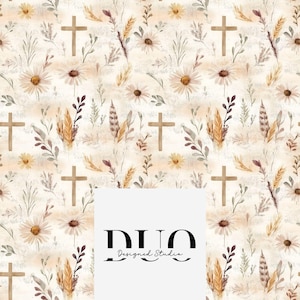 May include: A seamless pattern featuring light brown crosses, daisies, and botanical elements in shades of beige, brown, and green. The design includes wheat, leaves, and floral accents, creating a rustic and natural aesthetic. The text "DUO Designed Studio" is also visible.