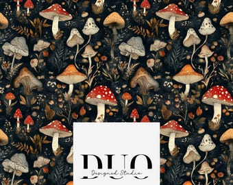 Dark Fungi Forest Seamless Pattern, Mushroom Seamless Repeat Tile Surface Pattern, Fabric Digital Paper Download Commercial Licence