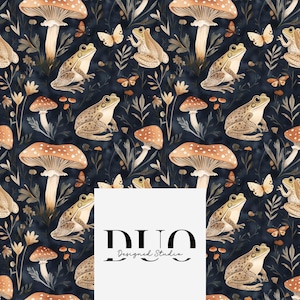 Peut inclure: Un motif sans couture avec des illustrations à l'aquarelle de champignons, de grenouilles et de papillons sur un fond bleu foncé. Le motif est parfait pour le tissu, le papier peint ou le papier d'emballage.