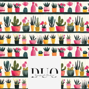 Plant Pots Succulents Cactus Summer Seamless Pattern, Repeat Surface Pattern, Fabric Pattern Digital Paper Download Commercial Use