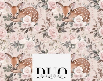 Floral Cute Deer Woodland Seamless Pattern, Repeat Surface Pattern, Fabric Pattern Digital Download Paper, Licence Non-Exclusive