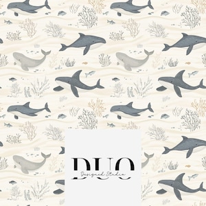 May include: A seamless pattern featuring a light beige background with a repeating design of blue whales, coral, and small fish. The pattern is perfect for fabric, wallpaper, or wrapping paper.
