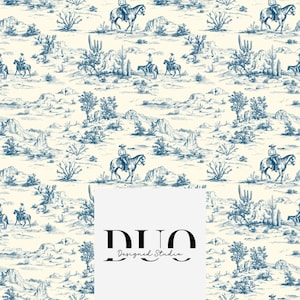 May include: Cream-colored fabric with a blue toile pattern featuring cowboys on horseback, cacti, and desert landscapes. The design includes the text "DUO Designed Studio" in a black font.