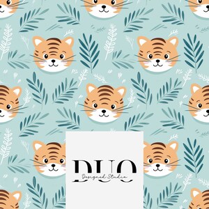 May include: A seamless pattern featuring cute cartoon tiger faces on a light blue background with green and white leafy branches. The pattern includes the text "DUO Designed Studio".