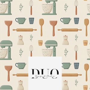 Può includere: Un motivo ripetitivo su sfondo crema con impastatrici verde salvia con ciotole maculate, mattarelli in legno, fruste, spatole, teiere e piccole tazze. Un quadrato bianco al centro mostra il testo nero DUO Designed Studio.