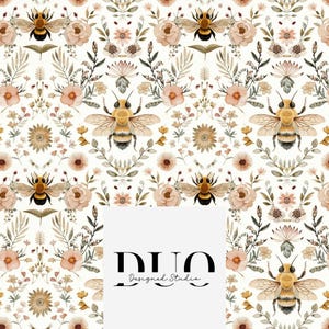 May include: A repeating pattern featuring bees, flowers, and foliage in soft pastel colors. The design includes detailed illustrations of bees with outstretched wings, surrounded by roses, daisies, and other floral elements on a white background.
