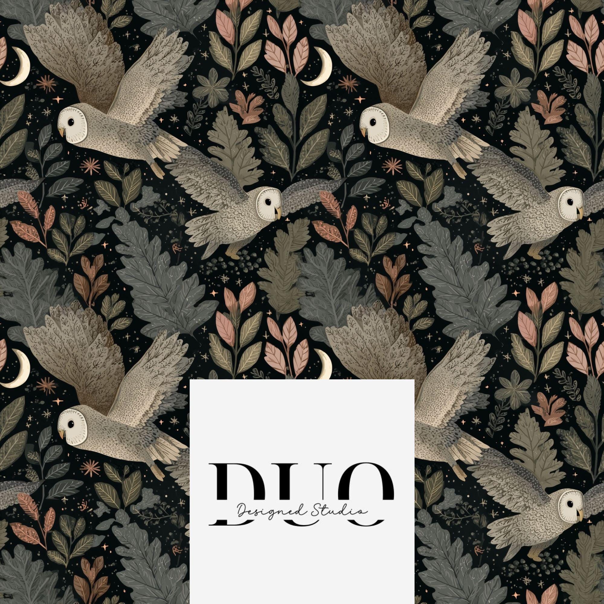 Midnight Owls Seamless Pattern, Barn Owl Birds Night Pattern, Autumn Fall Digital Paper, Digital Do