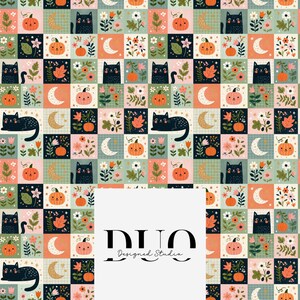May include: A repeating pattern fabric featuring a grid of squares with illustrations of black cats, orange pumpkins, crescent moons, and colourful flowers in shades of pink, green, and white. A white rectangular overlay displays the text DUO Designed Studio.