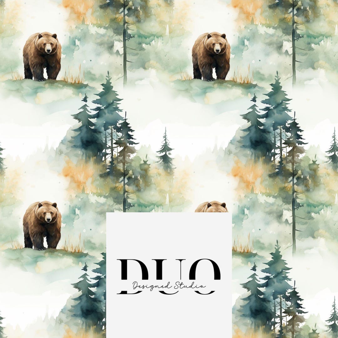 Grizzly Bear Woodland Forest Seamless Pattern, Repeat Surface Pattern ...