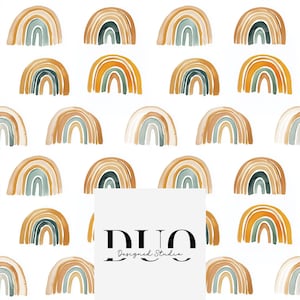 May include: A seamless pattern featuring watercolor rainbows in shades of brown, yellow, green, and blue. The rainbows are arranged in a repeating pattern on a white background.