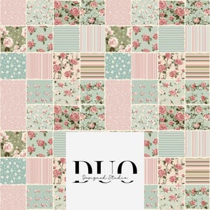 May include: A seamless pattern featuring a patchwork design with various floral prints in shades of pink, green, and white. The pattern includes stripes, polka dots, and floral motifs. The text "DUO Designed Studio" is displayed in the centre of the image.