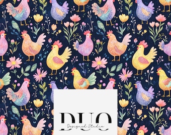 Bright Chickens Neon Seamless Pattern, Chicken Background Pattern, Rainbow Chickens Kids Farm Fabric Pattern, Digital Paper, Commercial Use