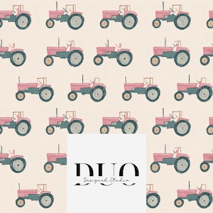 May include: A repeating pattern of illustrated tractors on a light beige background. Each tractor features a pink body, dark teal wheels, and a small steering wheel. A white square overlay in the center displays the black text DUO Designed Studio.