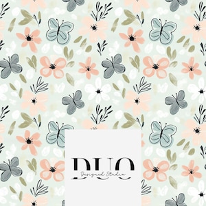 May include: A seamless pattern featuring a light green background with a repeating design of pink and white flowers, gray and blue butterflies, and black leaves.