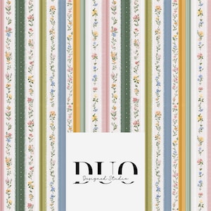 Puede incluir: Un patrón repetitivo de rayas verticales en varios colores, incluyendo rosa, verde, amarillo y azul. Cada raya está adornada con un diseño floral. El patrón incluye el texto "DUO Designed Studio" en un rectángulo blanco.