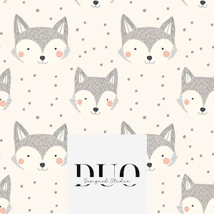 May include: A seamless pattern featuring a repeating design of cute grey fox faces with pink cheeks on a light pink background with small grey dots.