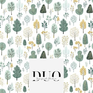 Puede incluir: Un patrón sin costuras que presenta una variedad de árboles estilizados en tonos de verde y azul, con acentos amarillos. El patrón está sobre un fondo blanco. El texto "DUO Designed Studio" se muestra en un rectángulo blanco.