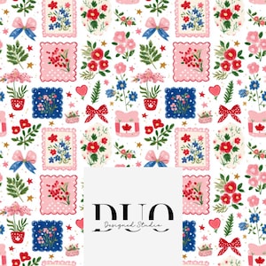 May include: A repeating pattern of floral and decorative elements on a white background. The design includes pink and blue bows, red and pink flowers, potted plants, and framed floral arrangements. The pattern also features small hearts and stars.