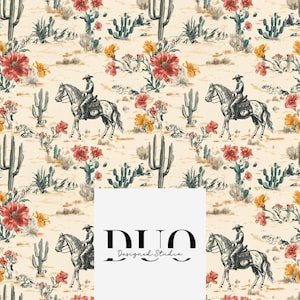 Floral Desert Cowboys Seamless Pattern, Western Repeat Surface Pattern, Cowgirl Fabric Pattern, Digital Paper Download, Commercial Use