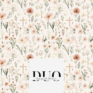 May include: A floral pattern featuring daisies, crosses, and other flowers in shades of peach, cream, and green. The design includes the text "DUO Designed Studio" in a modern font.