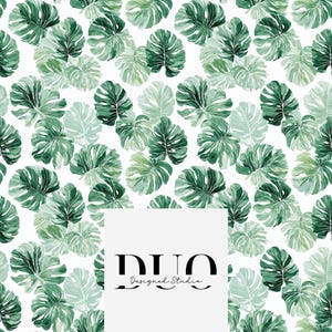 May include: A repeating pattern of green monstera leaves on a white background. The leaves vary in shades of green, creating a textured effect. The text "DUO Designed Studio" is in a white rectangle.