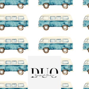 May include: A seamless pattern featuring a repeating design of blue and white vintage vans. The vans have a white roof and a light blue body with white windows. The vans are set against a white background.