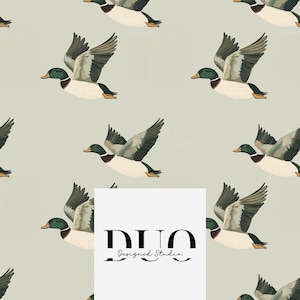 May include: A seamless pattern featuring a repeating design of green-headed ducks flying against a light green background. The pattern includes the text "DUO Designed Studio".