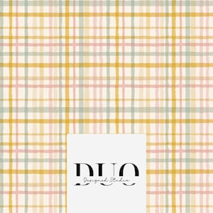 May include: A repeating pattern of intersecting lines in yellow, pink, and green on a cream background. The lines have a hand-drawn, imperfect quality. The bottom right corner features a white rectangle with the text "DUO Designed Studio" in black.