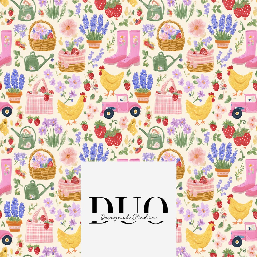 Pink Farm Pattern Pink Girl Farm Seamless Pattern, Cottage Core Chicken and Garden Design ...