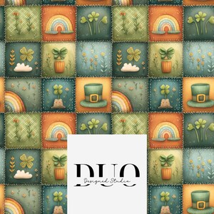 May include: A patchwork pattern with St. Patrick's Day imagery. The design incorporates rainbows, shamrocks, leprechaun hats, and potted plants in green, orange, and blue hues. The text "DUO Designed Studio" is at the bottom.