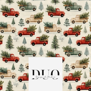 Könnte beinhalten: Ein sich wiederholendes Muster mit Aquarellillustrationen von roten, grünen und beigen Vintage-Pickups, die Weihnachtsbäume transportieren, durchsetzt mit Tannenbäumen auf cremefarbenem Grund. Der Text DUO Designed Studio ist zentriert.