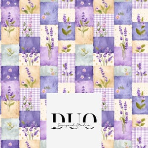 May include: A floral patchwork design with lavender, small flowers, and gingham checks in purple, beige, and green. The pattern is arranged in a grid, with a white rectangle at the bottom bearing the text "DUO Designed Studio."