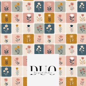 May include: A repeating floral pattern in a grid arrangement. Each square showcases a unique flower illustration in pink, yellow, blue, and white, set against muted colour backgrounds. The text "DUO Designed Studio" is visible in the lower portion of the image.