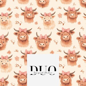 May include: A seamless pattern featuring a repeating design of cute cartoon Highland cows with pink bows on a light peach background. The pattern includes small floral accents and the text "DUO Designed Studio".