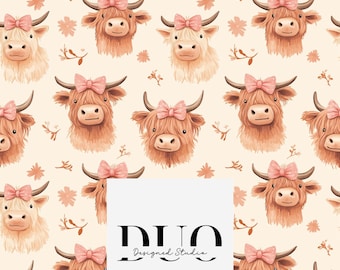 Cute Coquette Highland Cow Seamless Pattern, Repeat Surface Pattern, Fabric Pattern Digital Download Paper, Licence Non-Exclusive