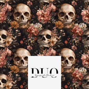 Florale Schädel Musterdesign, Skeletons Rapportmuster, Stoff Hintergrundmuster, digitale Papier Download, kommerzielle Nutzung