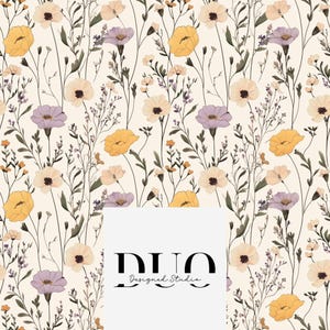 Op de afbeelding: Een naadloos patroon met verschillende gele, crèmekleurige en paarse bloemen op een lichtbeige achtergrond. De bloemen zijn gerangschikt in een herhalend patroon, wat een delicaat en vrouwelijk ontwerp creëert. De tekst "DUO Designed Studio" bevindt zich in het onderste midden van de afbeelding.