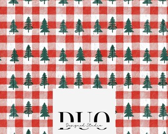 Christmas Tree Red Gingham Patchwork Seamless Pattern, Christmas Quilt Background, Christmas Seamless Pattern, Fabric Digital Paper Download