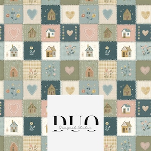Puede incluir: Un diseño de patchwork con cuadrados que presentan casas, corazones y elementos florales en tonos pastel. Los cuadrados son azules, verdes, rosas y beige. El texto "DUO Designed Studio" está en la parte inferior.