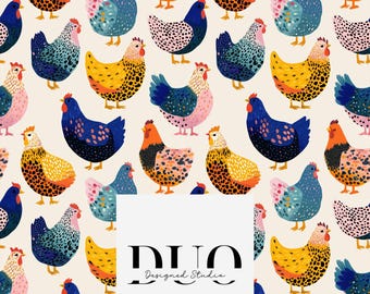 Patrón sin costuras de pollo, fondo con gallinas de colores, diseño de tela de granja, estampado repetitivo sin costuras, uso comercial