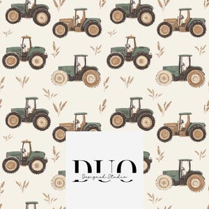 May include: A repeating pattern of green and tan tractors with brown wheels and wheat stalks on a cream background. The tractors are in various positions. The image includes the text "DUO Designed Studio" in a black font.